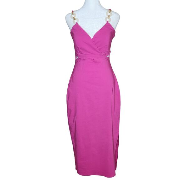 Guess Side-Cutout Midi Dress V-Neck Chain Straps Bright Pink Women's Size 4 - Picture 1 of 15